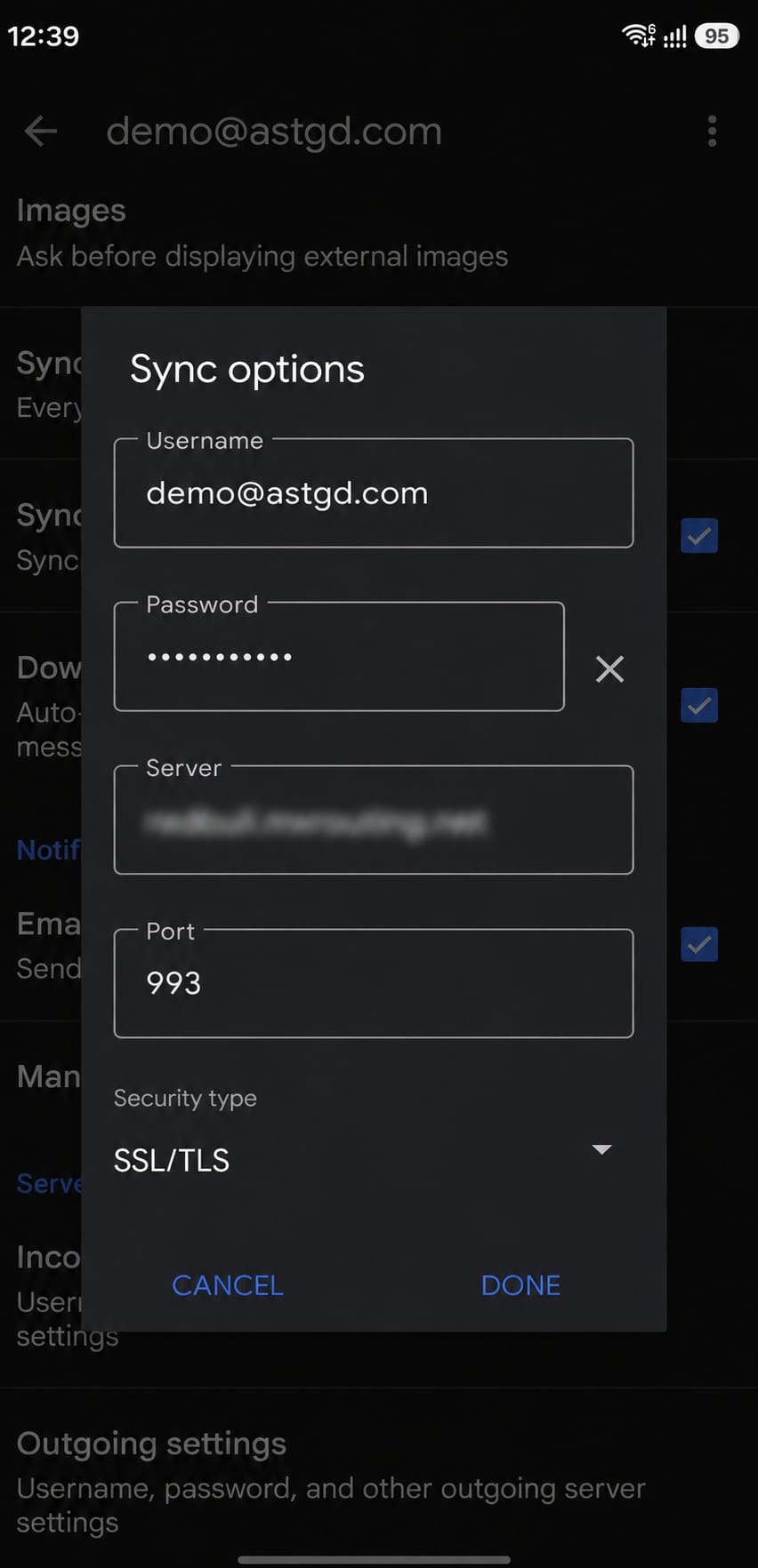 Incoming server settings with SSL TLS security and port 993