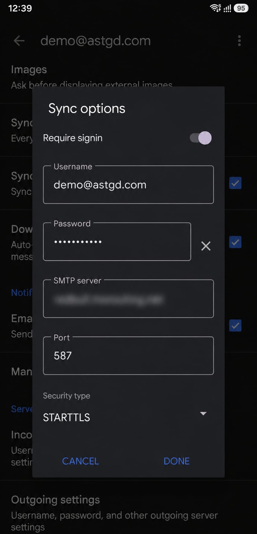 Outgoing server settings with STARTTLS security and port 587