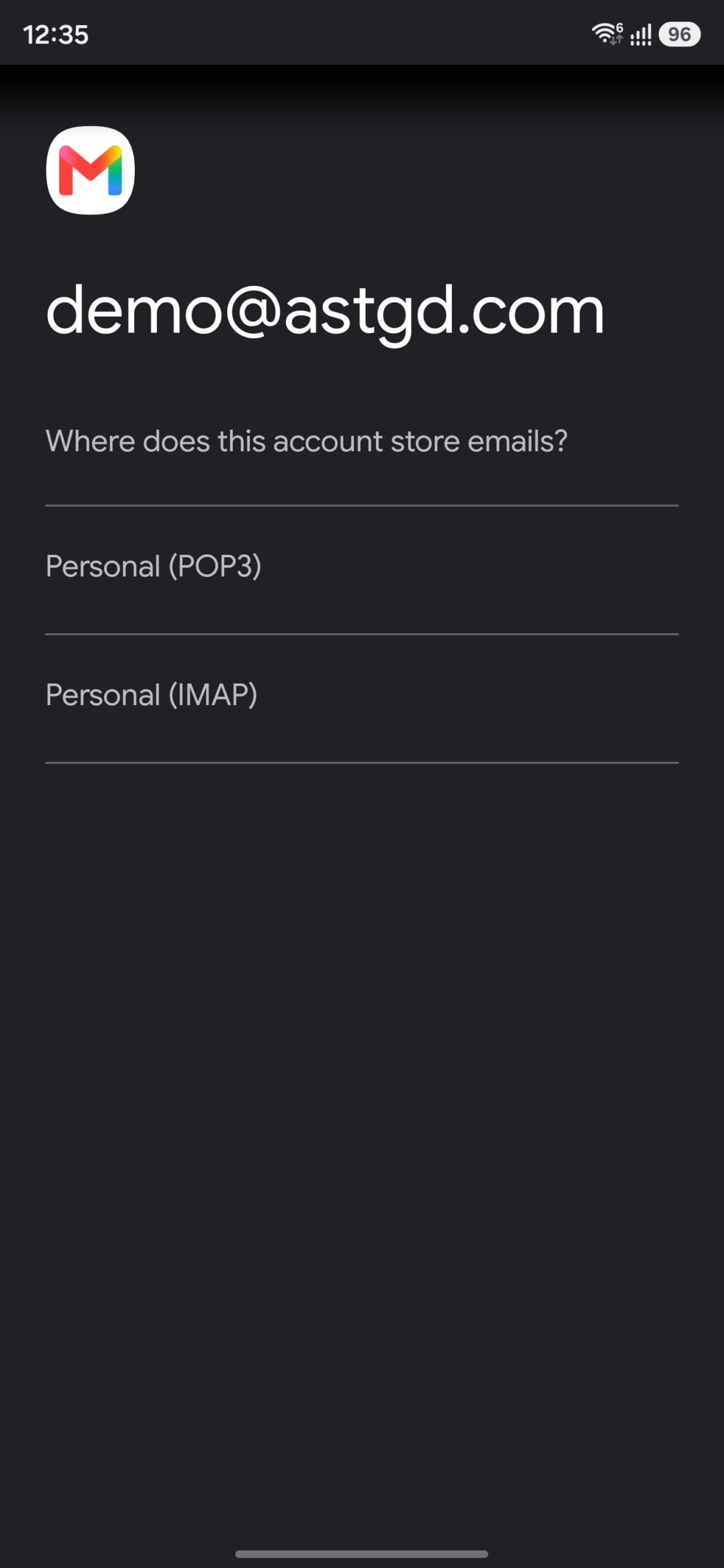 Select Personal IMAP account type in Gmail
