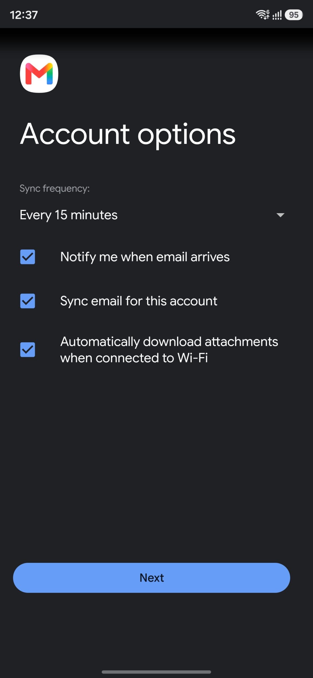 Gmail account options with default settings selected